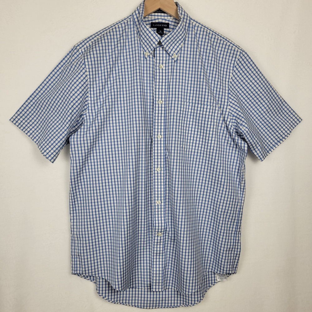 Lands' End Blue White Gingham Check No Iron Pinpoint Oxford Shirt Men's Size 16